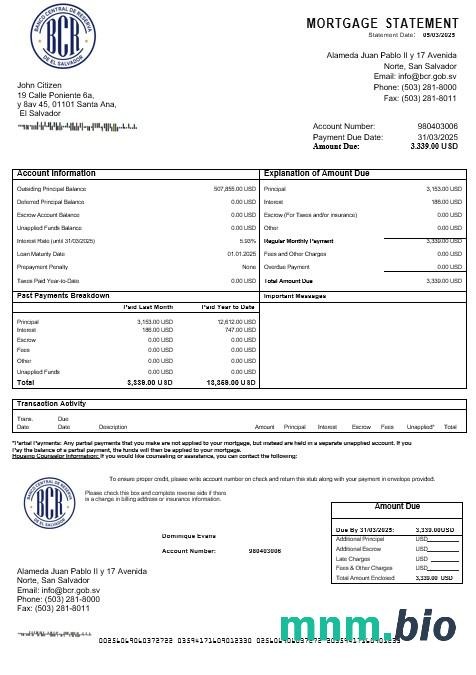 Salwador Banco Central de Reserva wyciąg z kredytu hipotecznego w formatach Word i PDF
